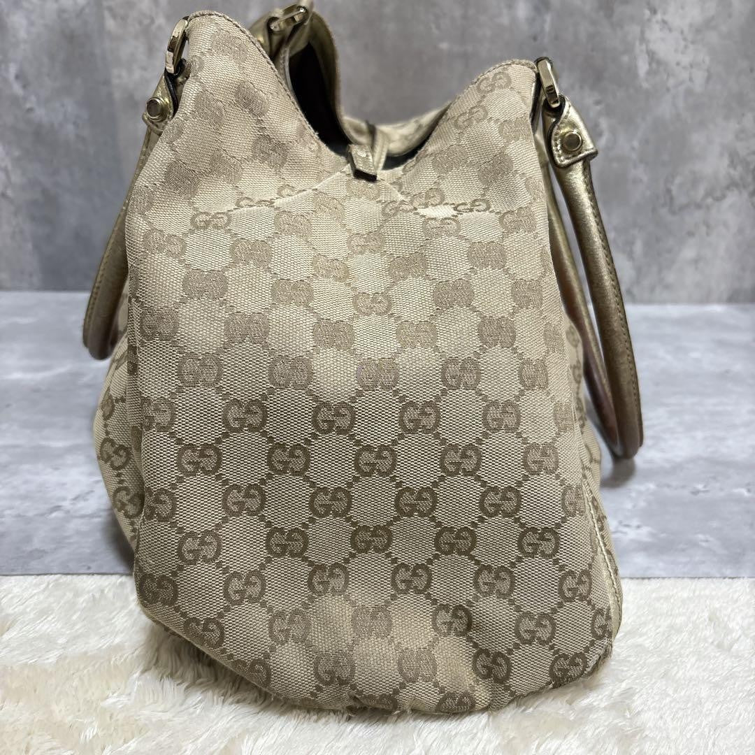 GUCCI Hand Bag Tote Purse GG Canvas Leather Brown Gold Authentic