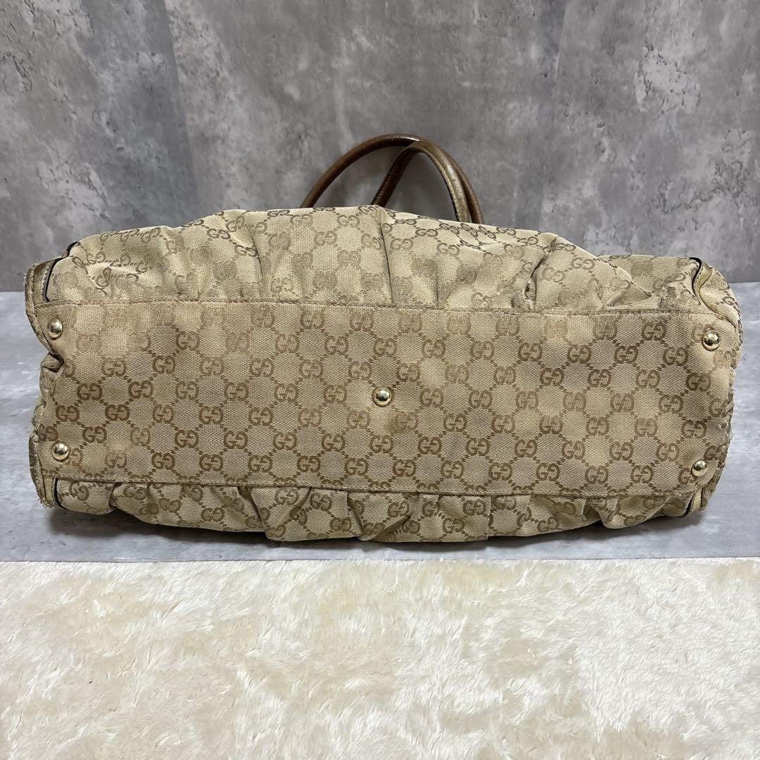 GUCCI Hand Bag Tote Purse GG Canvas Leather Brown Gold Authentic