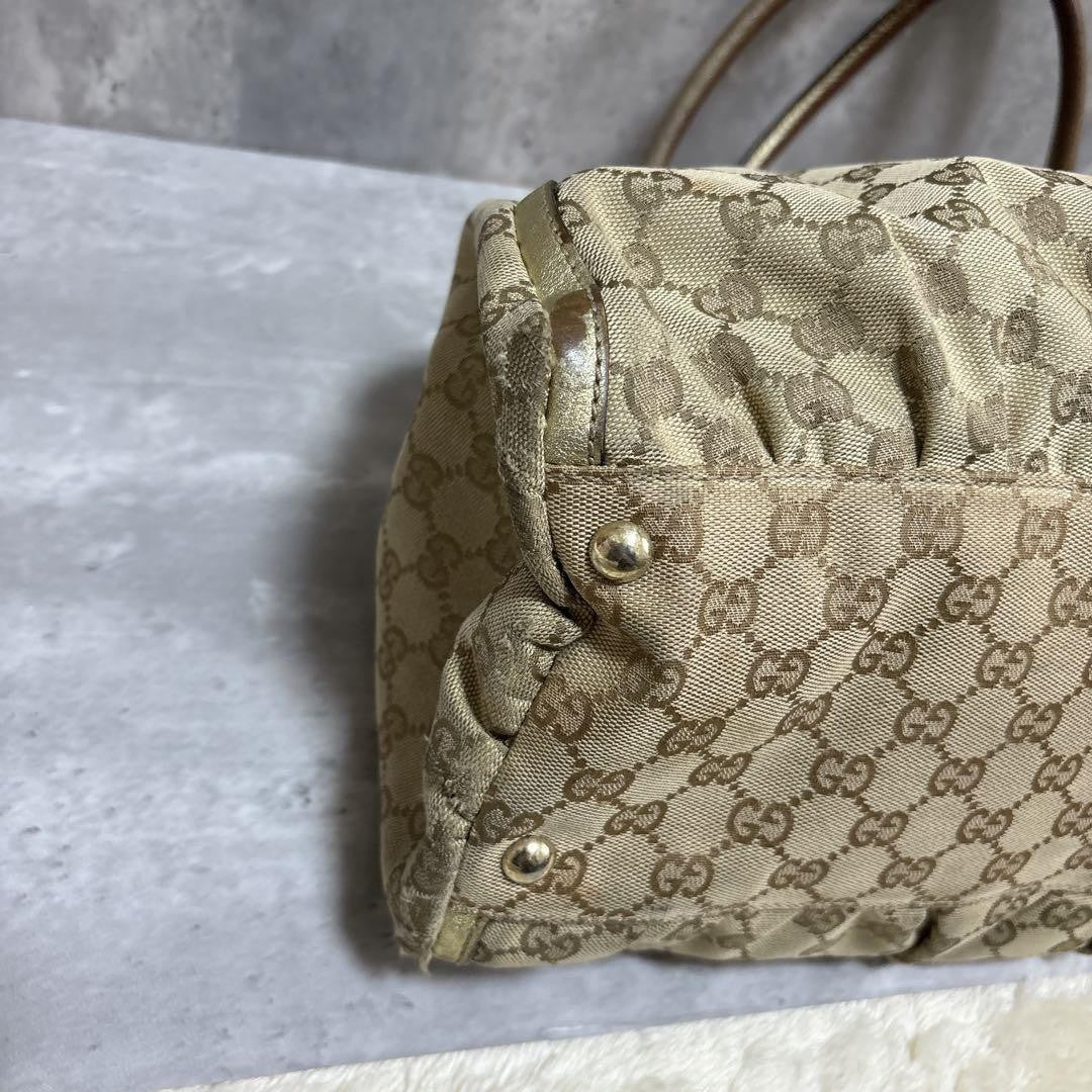 GUCCI Hand Bag Tote Purse GG Canvas Leather Brown Gold Authentic