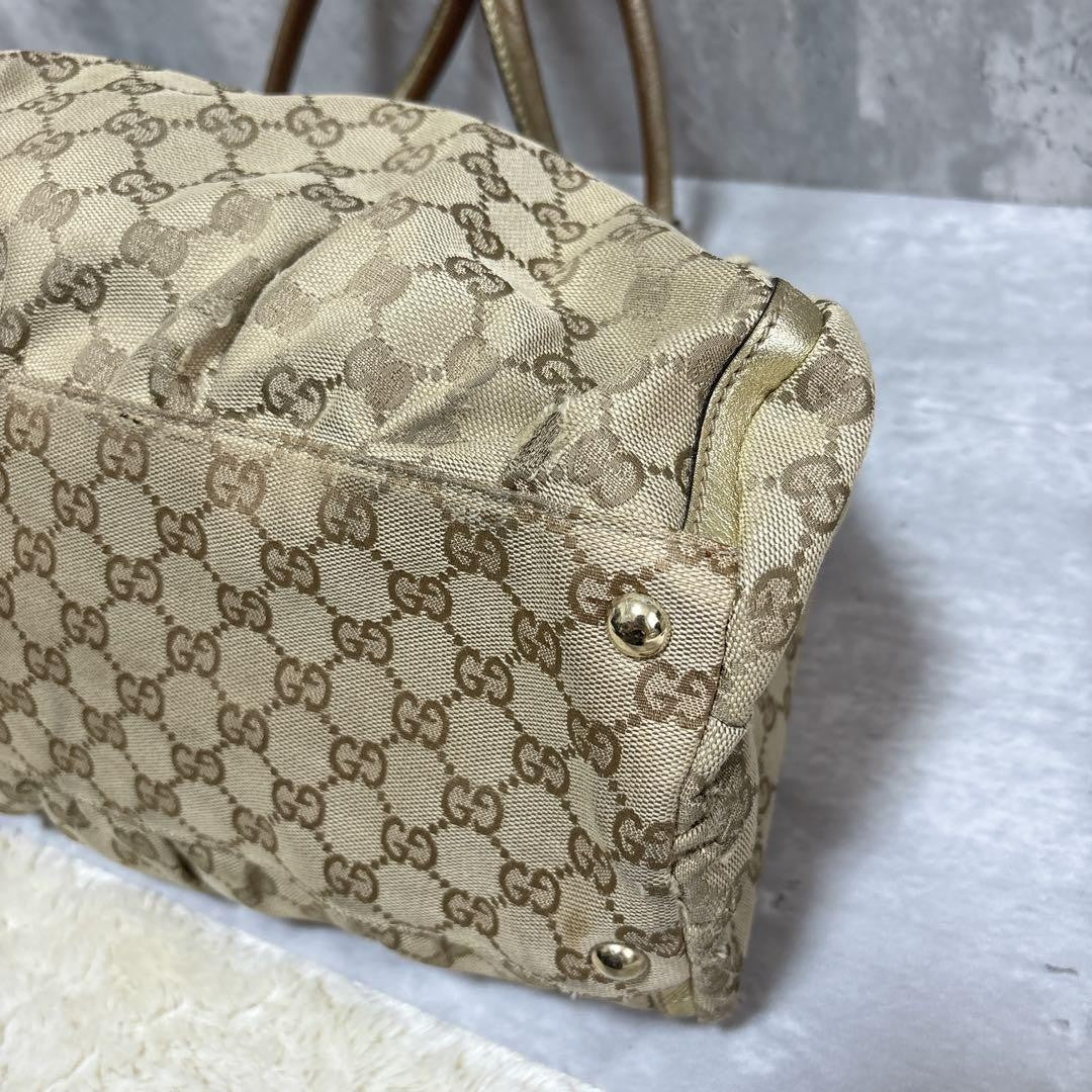 GUCCI Hand Bag Tote Purse GG Canvas Leather Brown Gold Authentic
