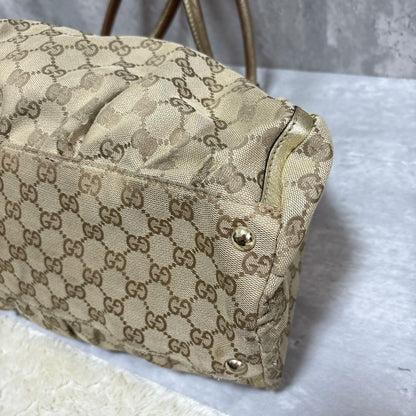 GUCCI Hand Bag Tote Purse GG Canvas Leather Brown Gold Authentic