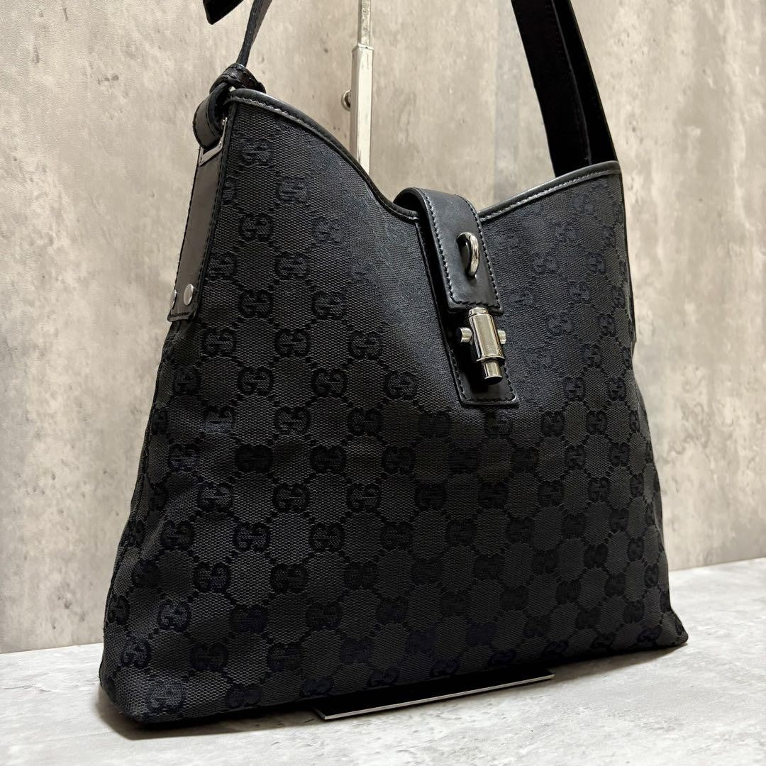 GUCCI Shoulder Bag Purse GG Canvas Leather Black Authentic