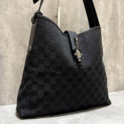 GUCCI Shoulder Bag Purse GG Canvas Leather Black Authentic