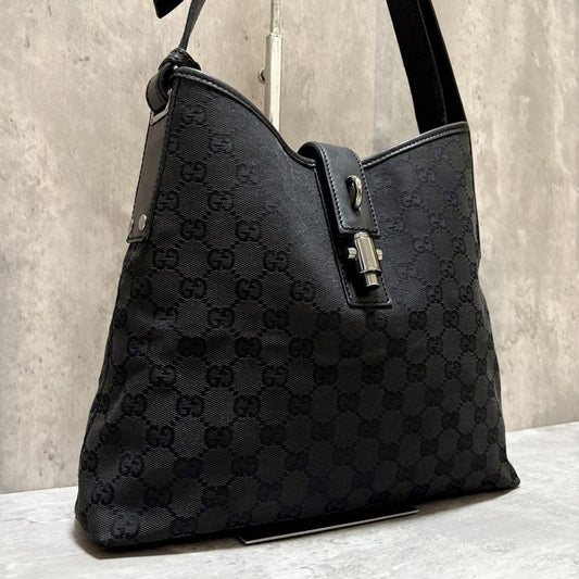 GUCCI Shoulder Bag Purse GG Canvas Leather Black Authentic