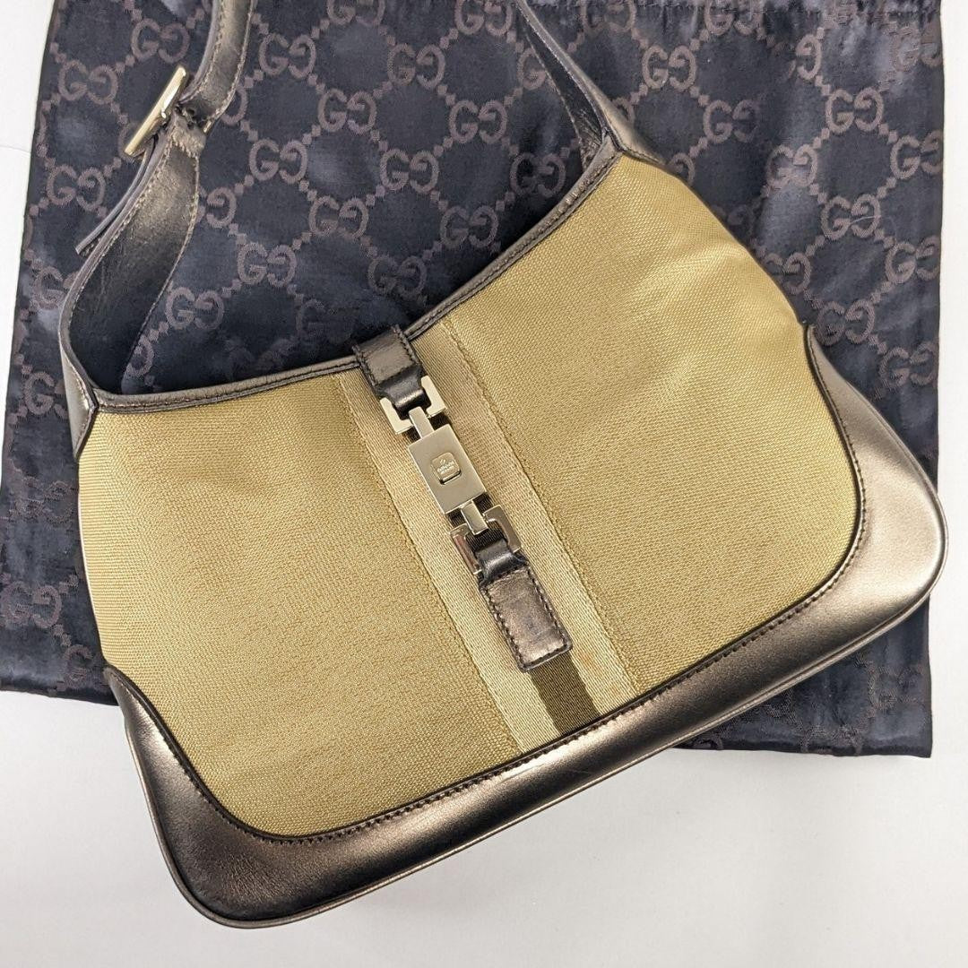 GUCCI Shoulder Bag Purse Sherry Line Gold Beige Brown Authentic