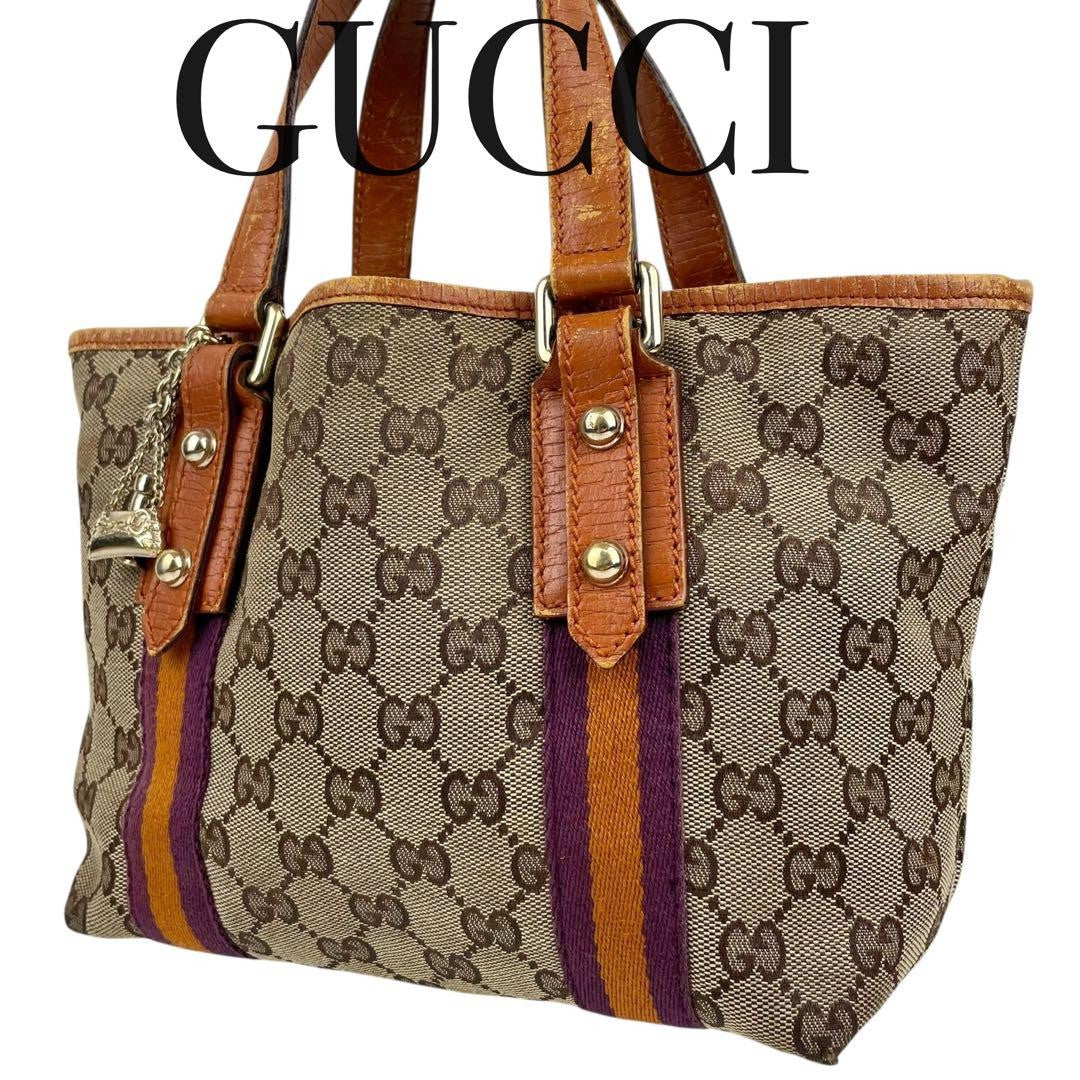 GUCCI Hand Bag Tote Purse Sherry Line GG Canvas Leather Authentic