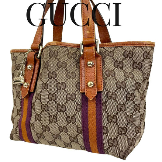 GUCCI Hand Bag Tote Purse Sherry Line GG Canvas Leather Authentic