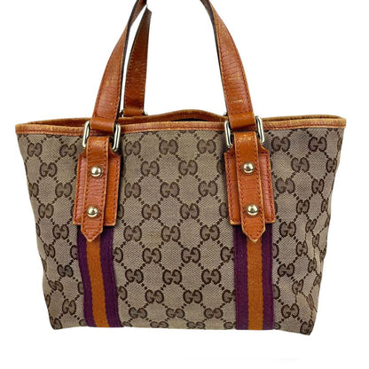 GUCCI Hand Bag Tote Purse Sherry Line GG Canvas Leather Authentic