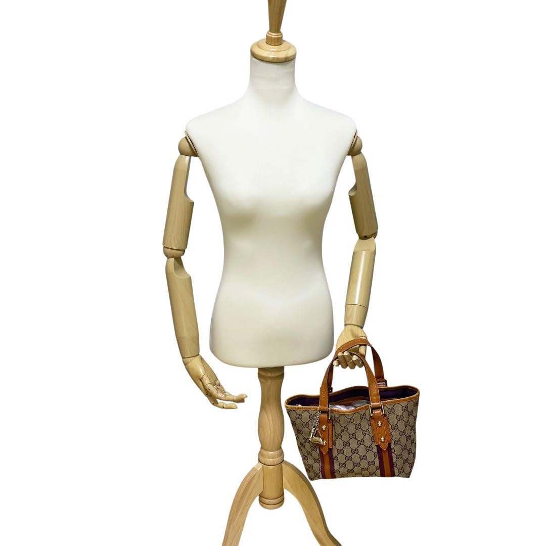 GUCCI Hand Bag Tote Purse Sherry Line GG Canvas Leather Authentic
