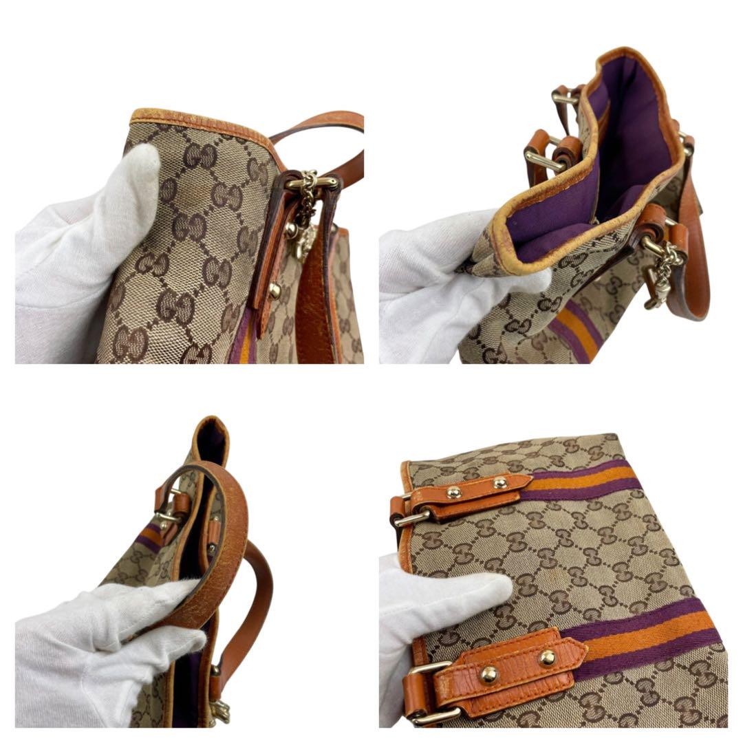 GUCCI Hand Bag Tote Purse Sherry Line GG Canvas Leather Authentic