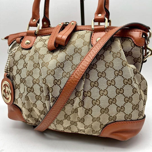 GUCCI Hand Shoulder Bag Tote Purse 2way GG Canvas Leather Beige Orange Authentic