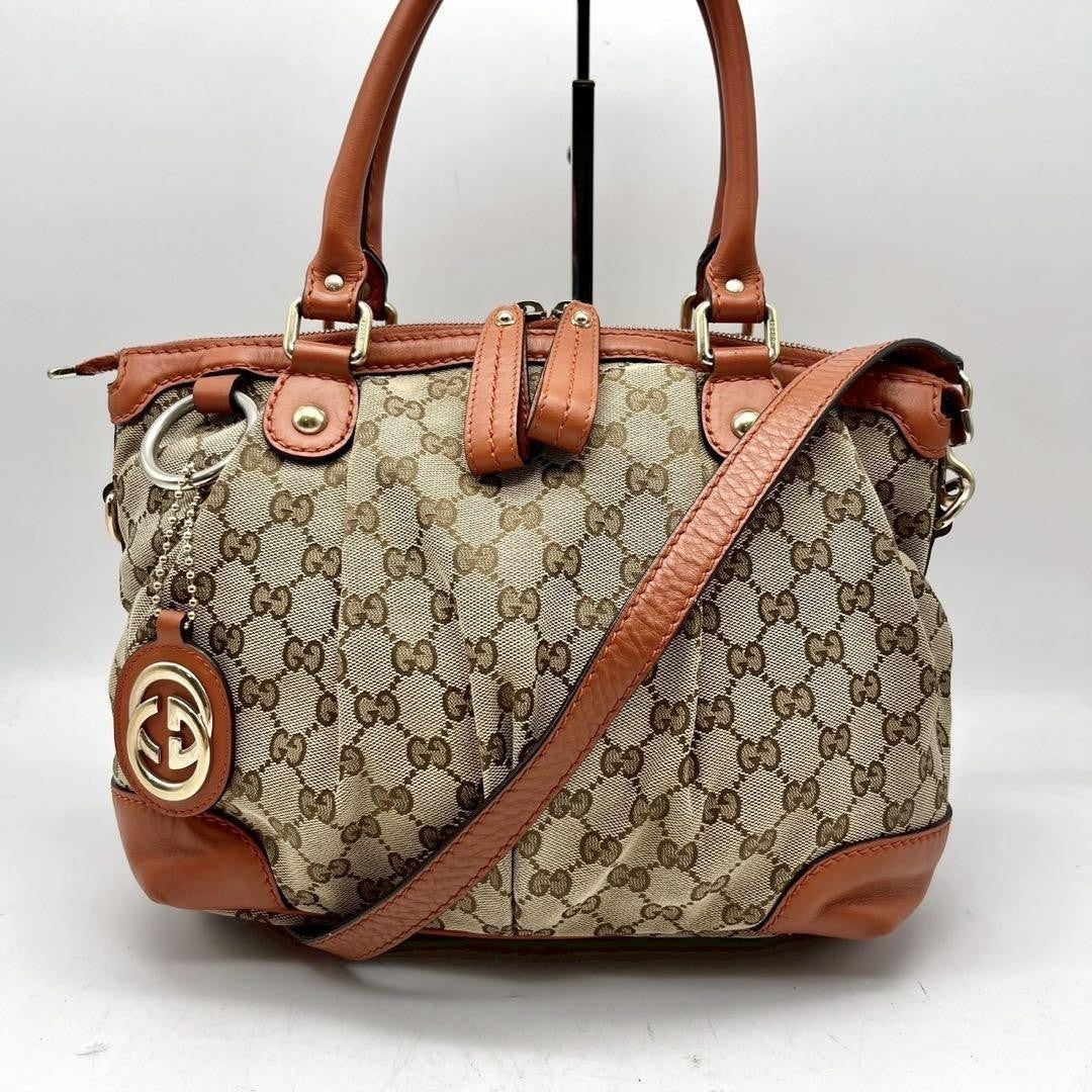 GUCCI Hand Shoulder Bag Tote Purse 2way GG Canvas Leather Beige Orange Authentic