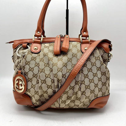 GUCCI Hand Shoulder Bag Tote Purse 2way GG Canvas Leather Beige Orange Authentic