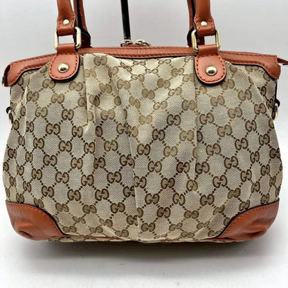 GUCCI Hand Shoulder Bag Tote Purse 2way GG Canvas Leather Beige Orange Authentic
