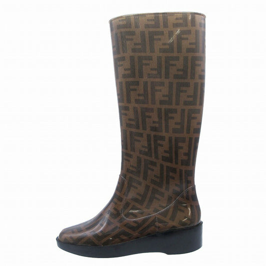 FENDI Rain Long Boots Shoes FF Zucca EU 38  US 8 Brown Authentic