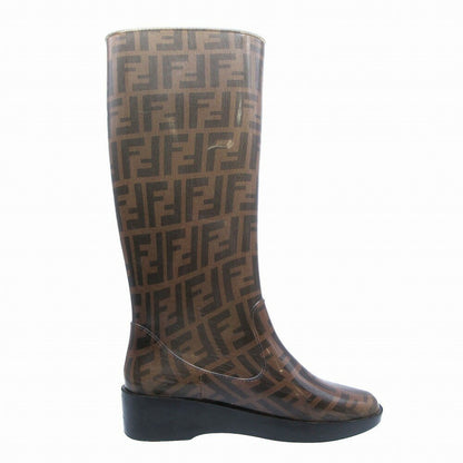 FENDI Rain Long Boots Shoes FF Zucca EU 38  US 8 Brown Authentic