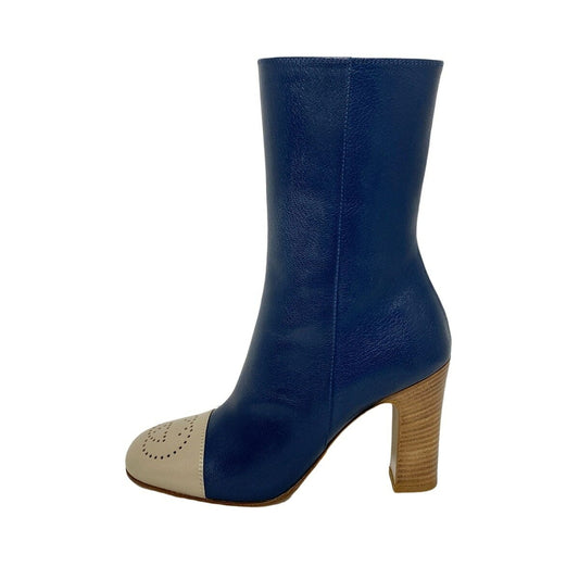 GUCCI Short Boots Shoes Interlocking EU 36 US 6 Leather Navy Gray Beige Auth