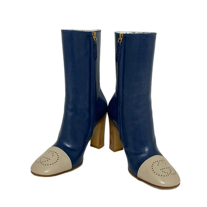 GUCCI Short Boots Shoes Interlocking EU 36 US 6 Leather Navy Gray Beige Auth