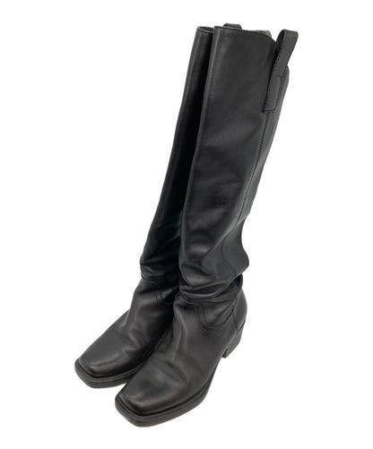 GUCCI Long Boots Shoes Square toe chunky heel EU 38 US 8 Black Authentic