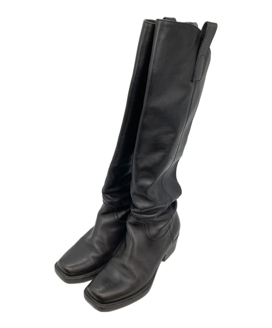 GUCCI Long Boots Shoes Square toe chunky heel EU 38 US 8 Black Authentic