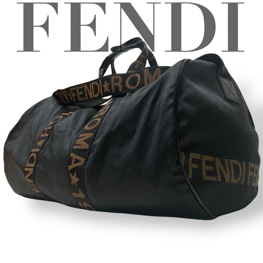 FENDI Boston Bag 2way FF Pecan Nylon Black Beige Authentic