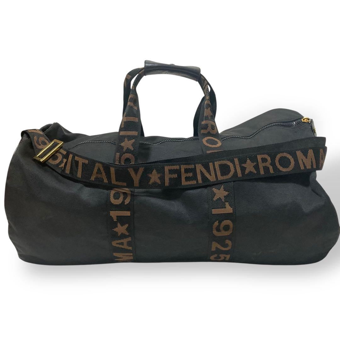 FENDI Boston Bag 2way FF Pecan Nylon Black Beige Authentic