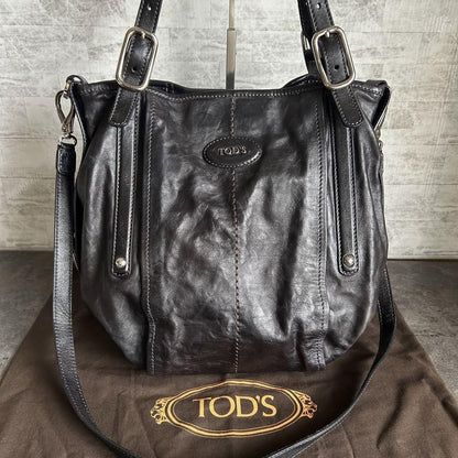 TOD'S Shoulder Bag Purse 2way Leather Black Authentic
