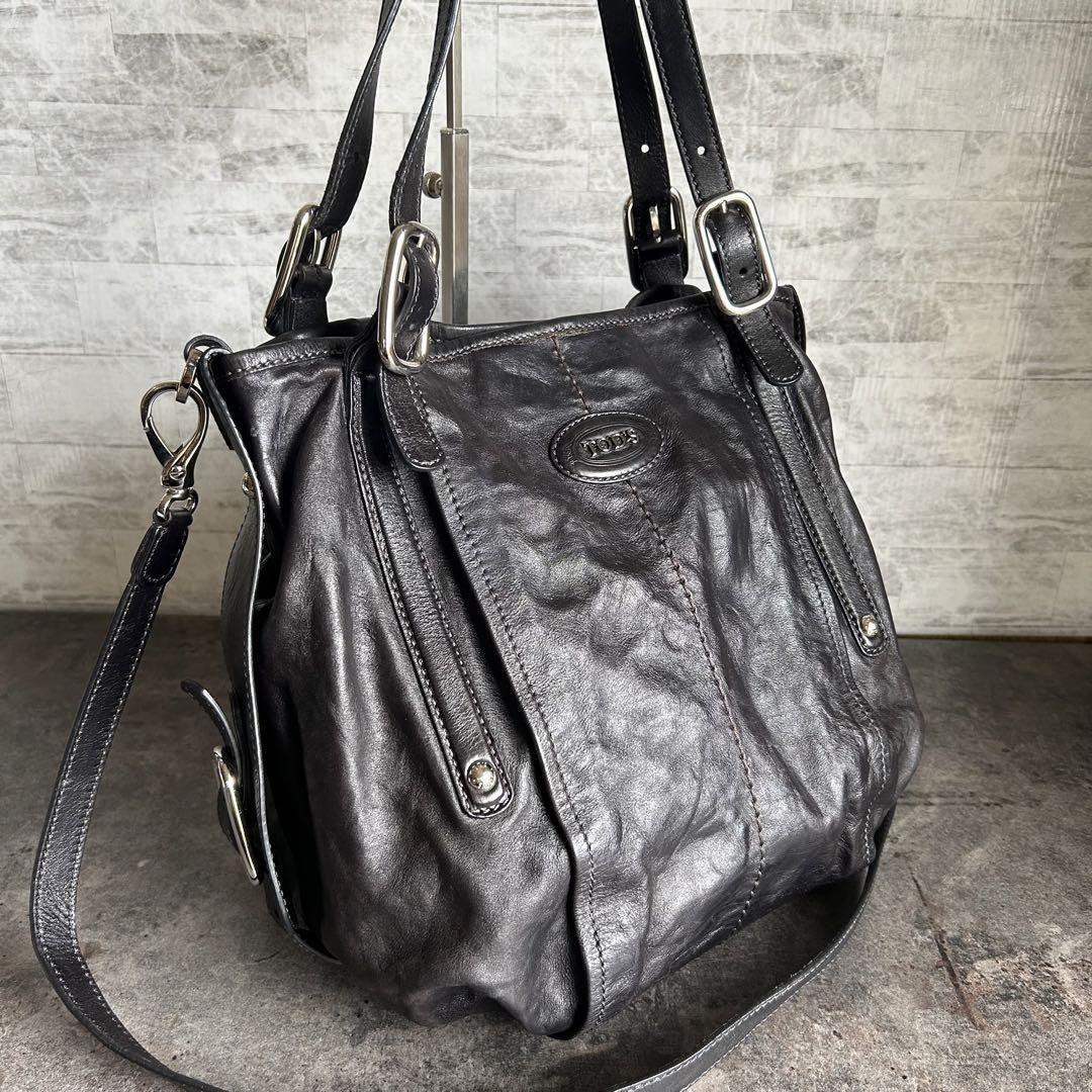 TOD'S Shoulder Bag Purse 2way Leather Black Authentic