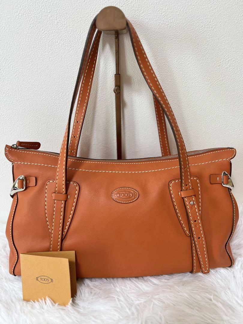 TOD'S Hand Bag Tote Purse Mini Boston Bag Leather Orange Authentic