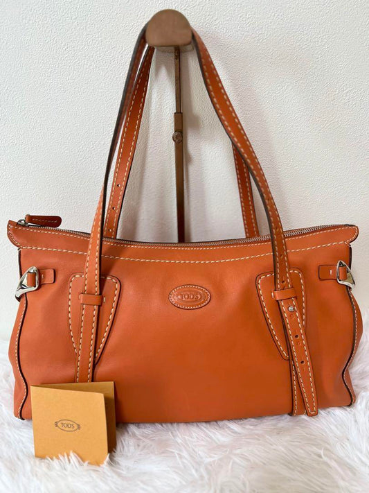 TOD'S Hand Bag Tote Purse Mini Boston Bag Leather Orange Authentic