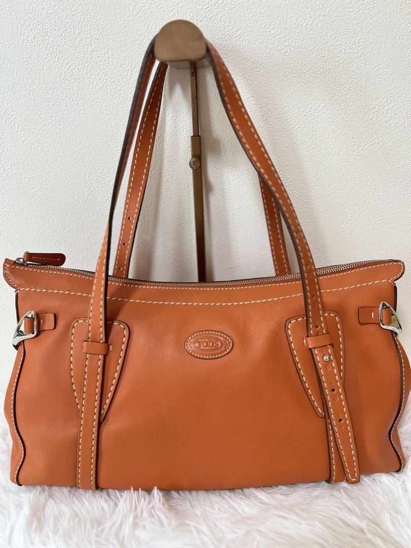 TOD'S Hand Bag Tote Purse Mini Boston Bag Leather Orange Authentic