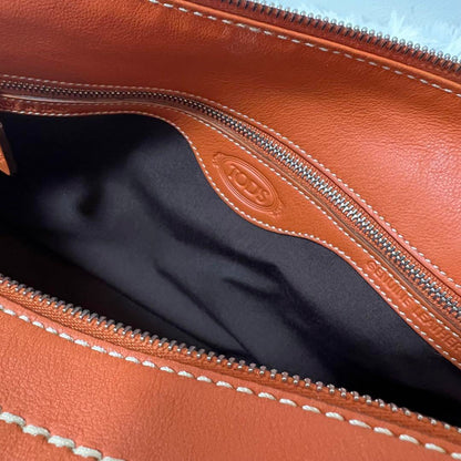 TOD'S Hand Bag Tote Purse Mini Boston Bag Leather Orange Authentic