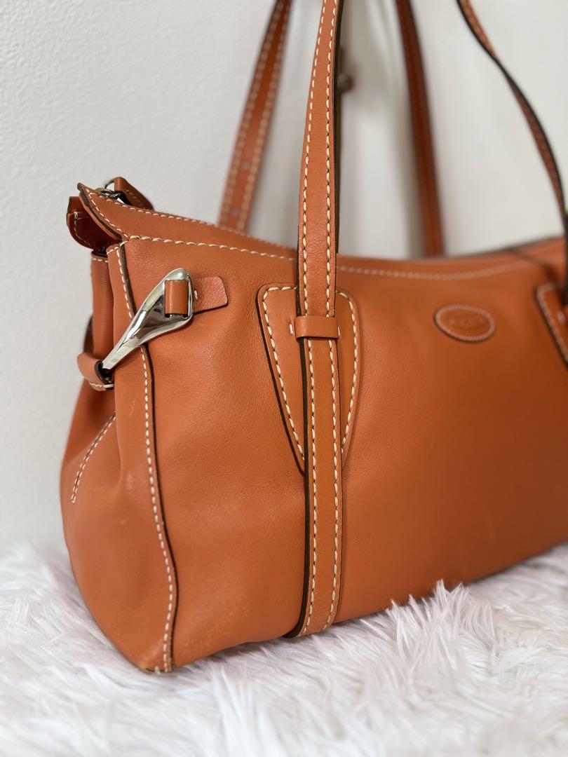 TOD'S Hand Bag Tote Purse Mini Boston Bag Leather Orange Authentic