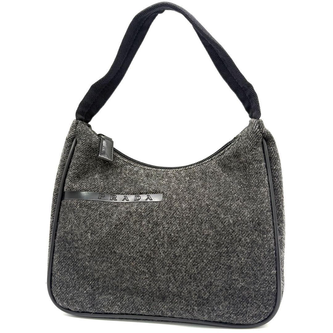 PRADA Shoulder Bag Purse Wool Black Gray Authentic