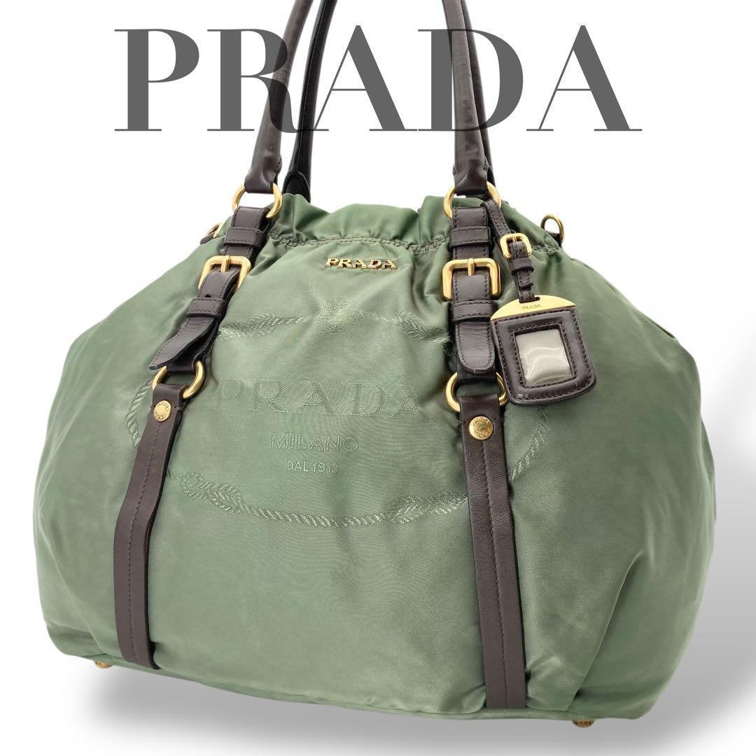 PRADA Shoulder Bag Purse 2way Nylon Jacquard Khaki Authentic