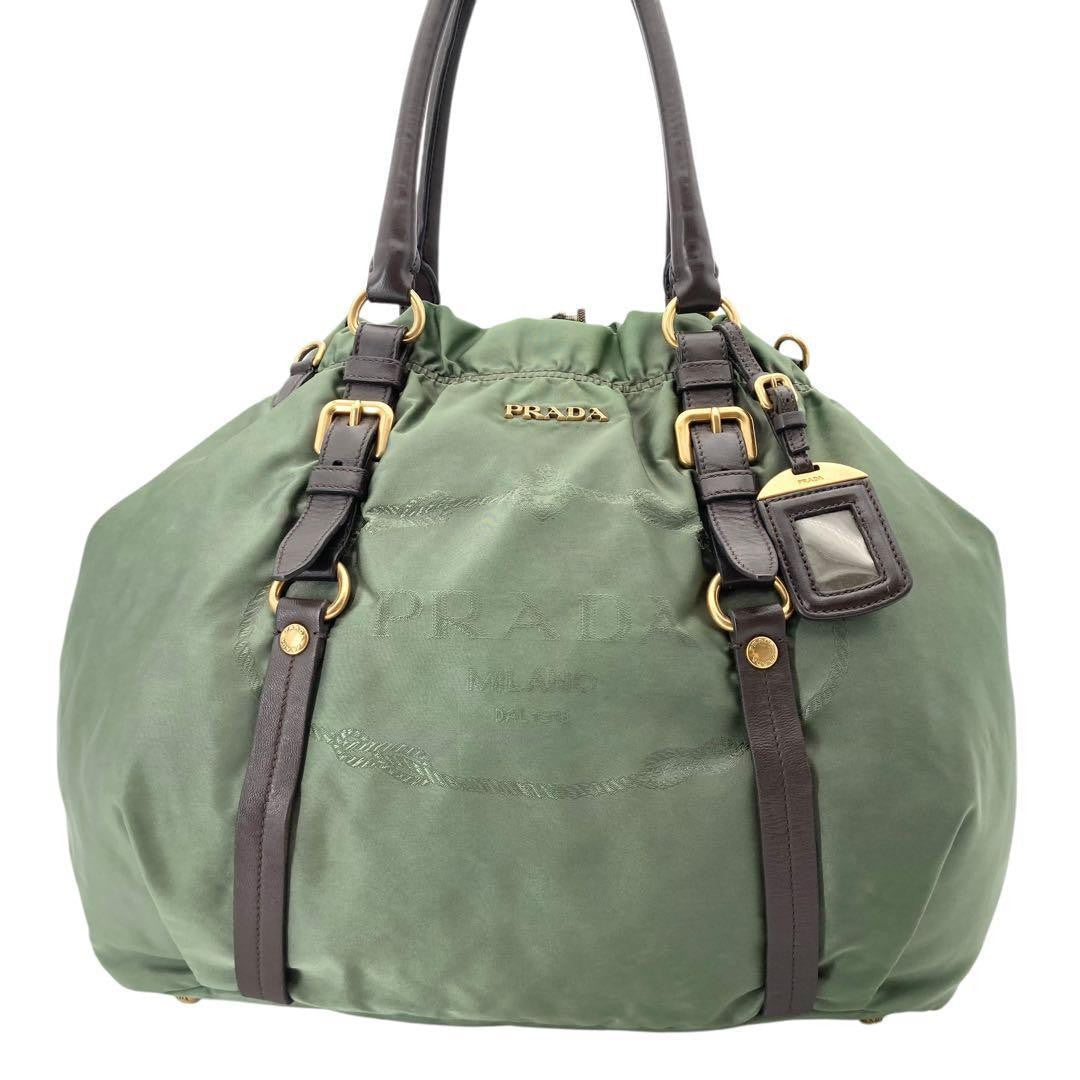 PRADA Shoulder Bag Purse 2way Nylon Jacquard Khaki Authentic