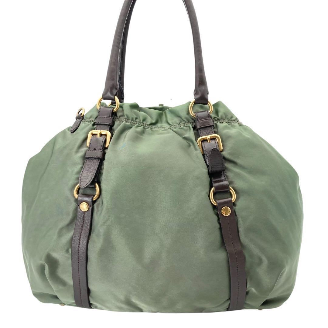 PRADA Shoulder Bag Purse 2way Nylon Jacquard Khaki Authentic