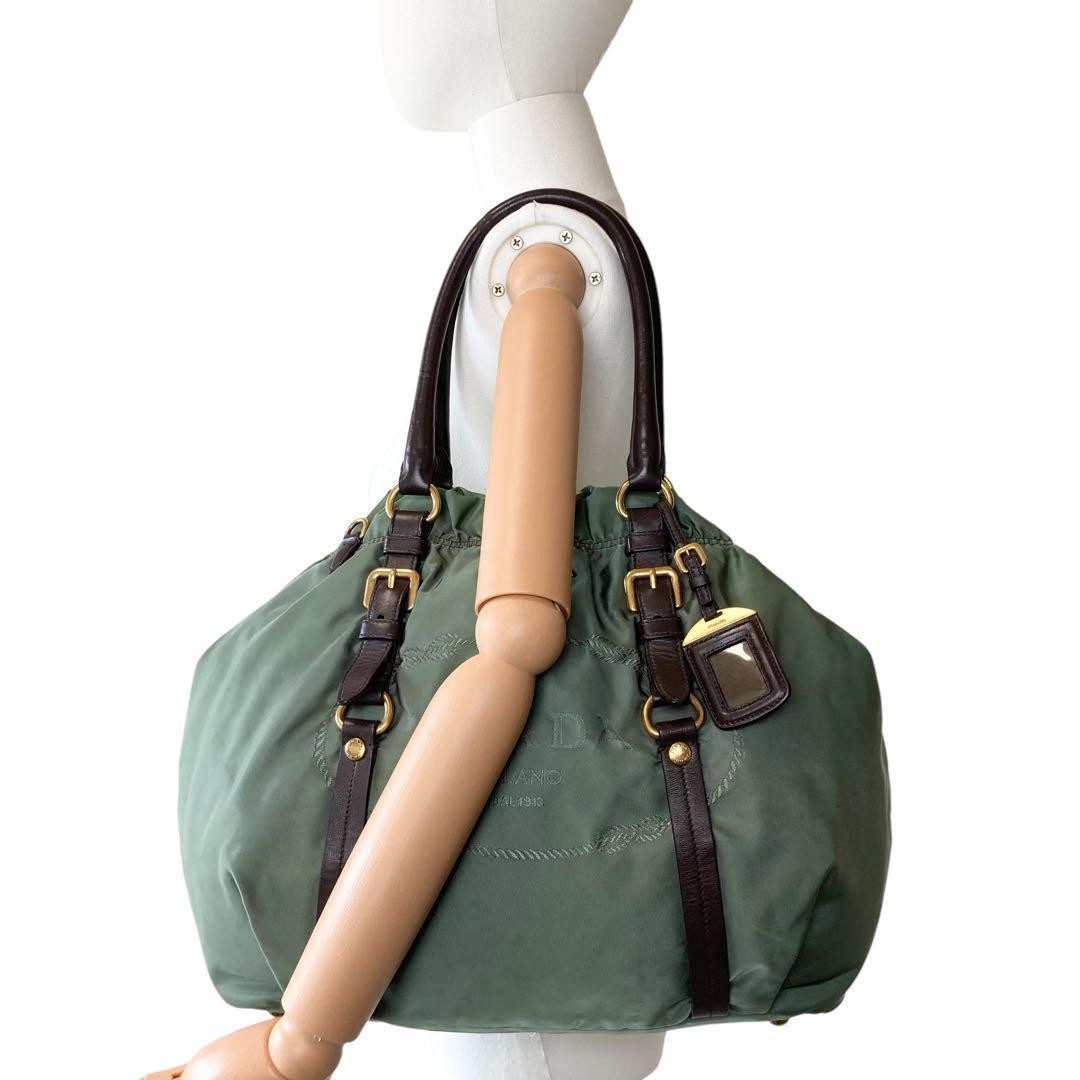 PRADA Shoulder Bag Purse 2way Nylon Jacquard Khaki Authentic