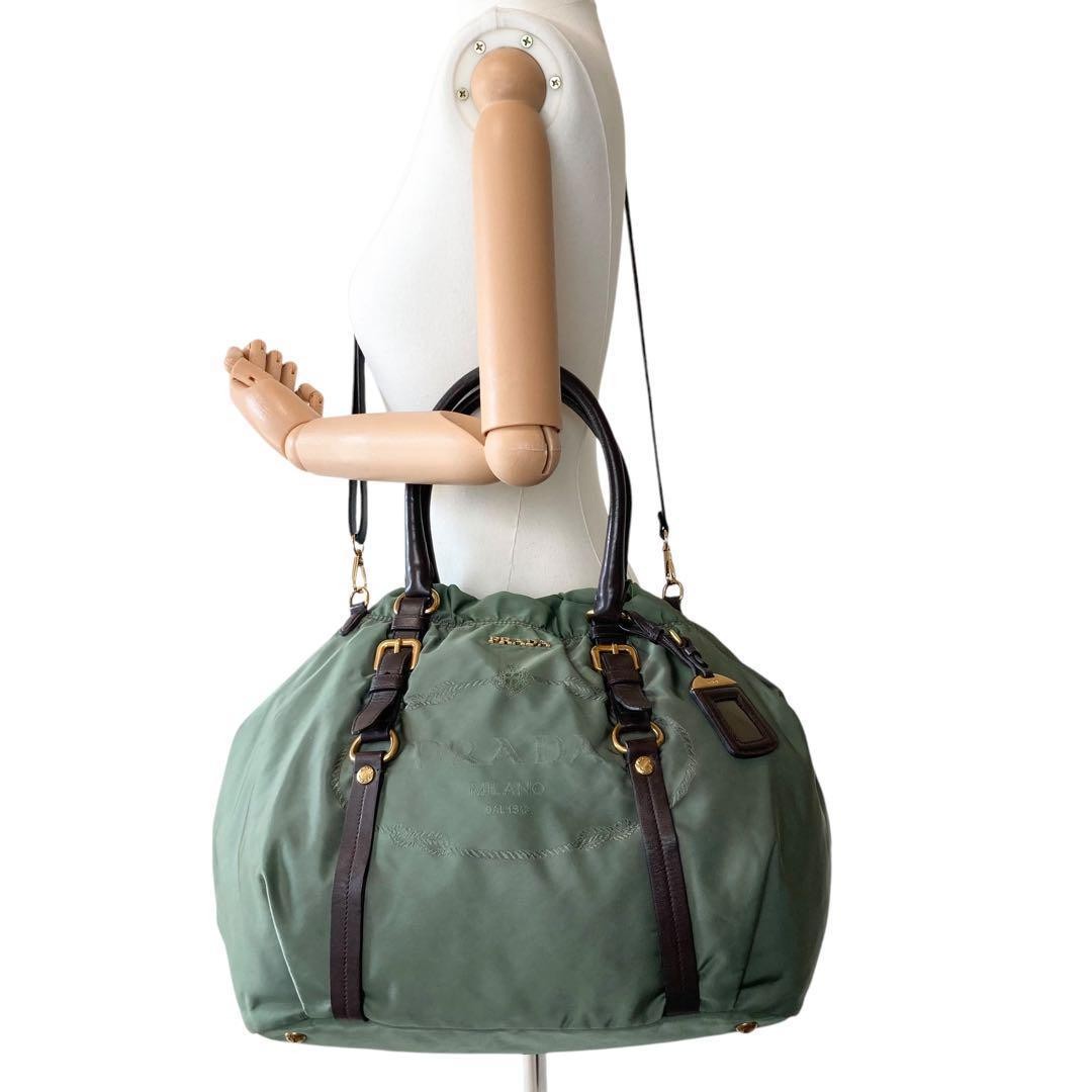 PRADA Shoulder Bag Purse 2way Nylon Jacquard Khaki Authentic