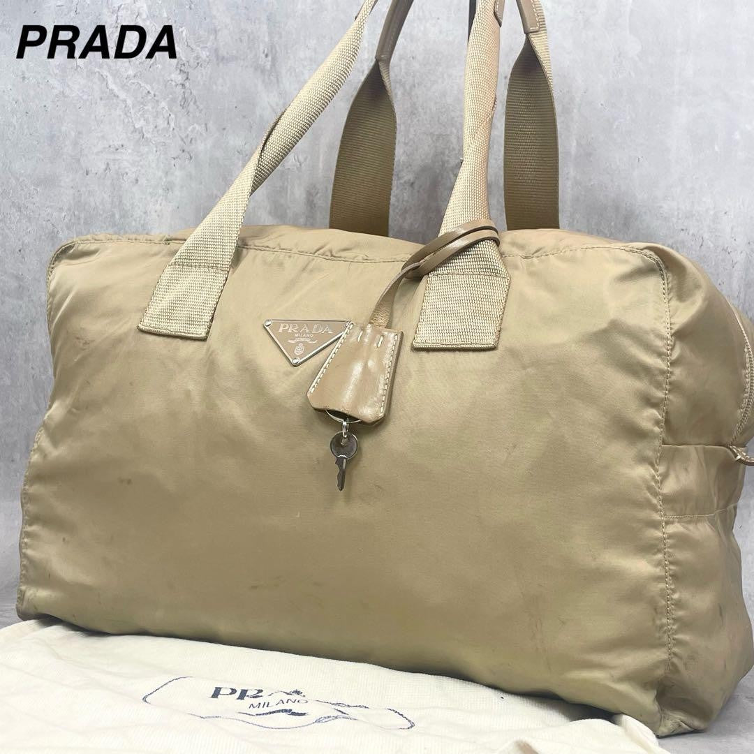 PRADA Hand Bag Tote Purse Boston Bag Logo Nylon Beige Authentic