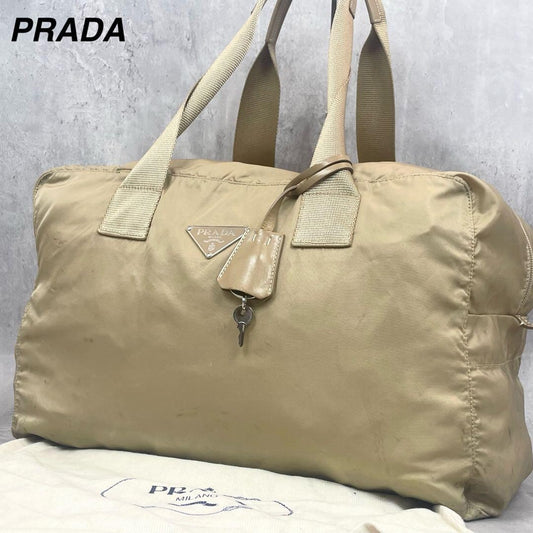 PRADA Hand Bag Tote Purse Boston Bag Logo Nylon Beige Authentic