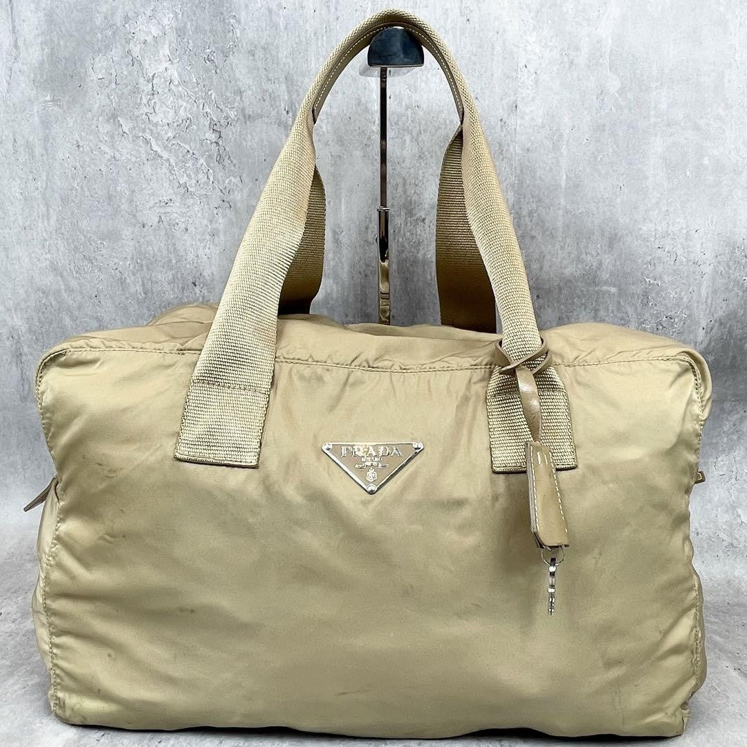 PRADA Hand Bag Tote Purse Boston Bag Logo Nylon Beige Authentic