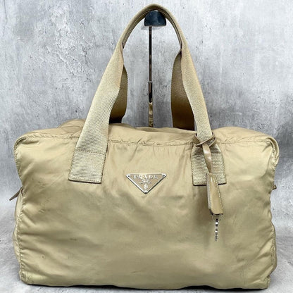 PRADA Hand Bag Tote Purse Boston Bag Logo Nylon Beige Authentic