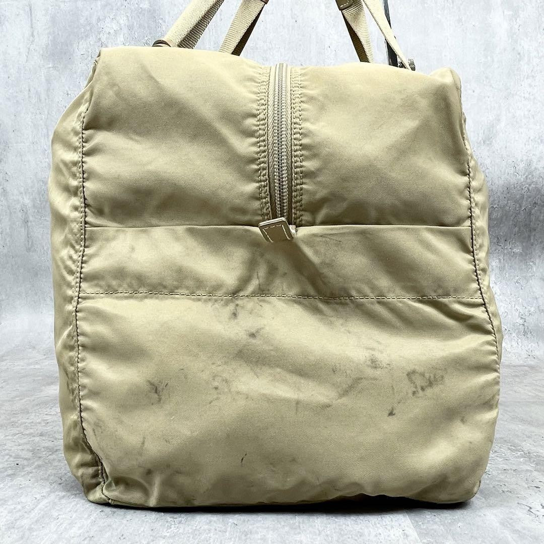 PRADA Hand Bag Tote Purse Boston Bag Logo Nylon Beige Authentic