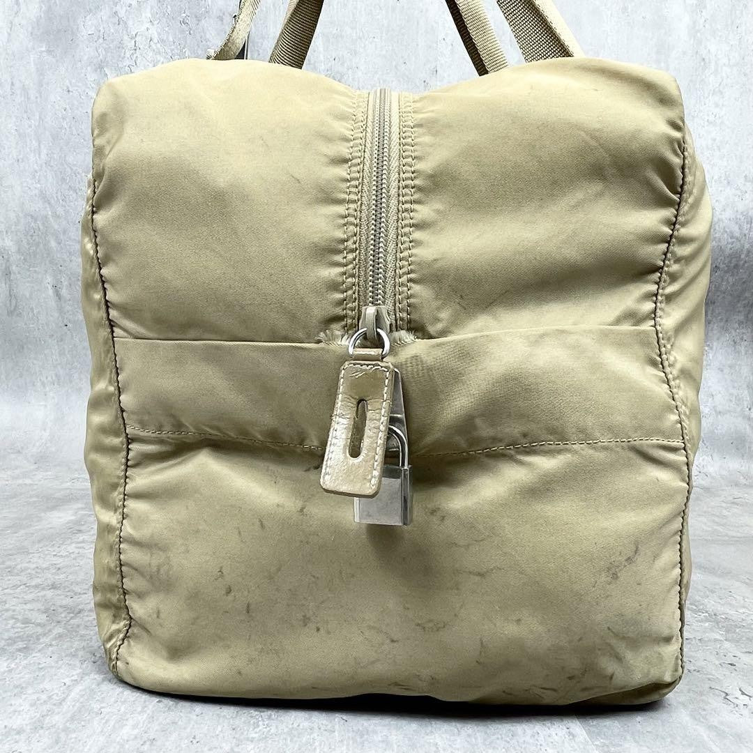PRADA Hand Bag Tote Purse Boston Bag Logo Nylon Beige Authentic