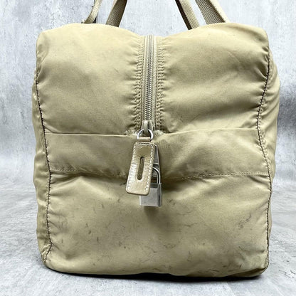 PRADA Hand Bag Tote Purse Boston Bag Logo Nylon Beige Authentic