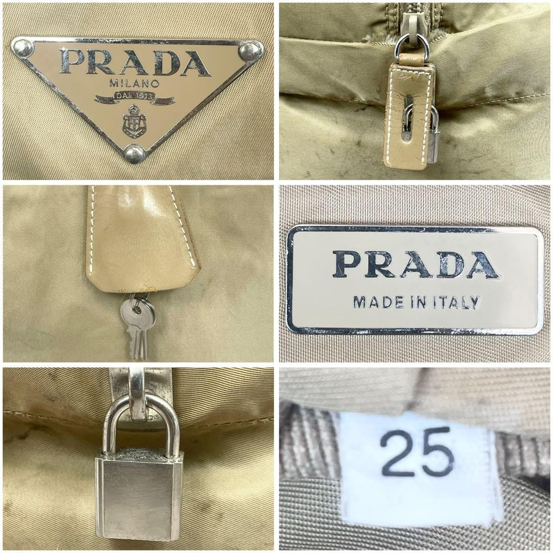 PRADA Hand Bag Tote Purse Boston Bag Logo Nylon Beige Authentic