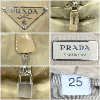 PRADA Hand Bag Tote Purse Boston Bag Logo Nylon Beige Authentic