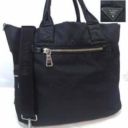 PRADA Hand Bag Tote Purse 2way Logo Nylon Leather Black Green Authentic