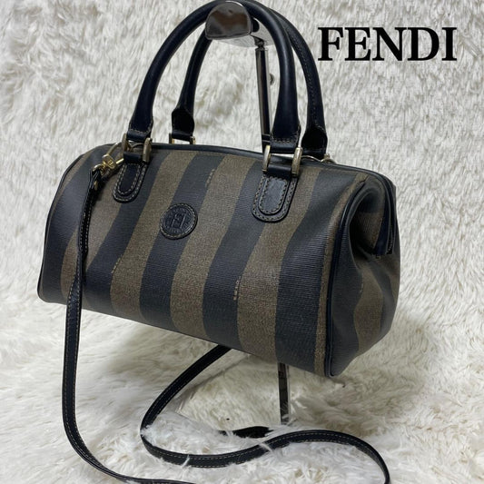 FENDI Shoulder Bag Purse 2way Pecan Leather PVC Black Khaki Authentic